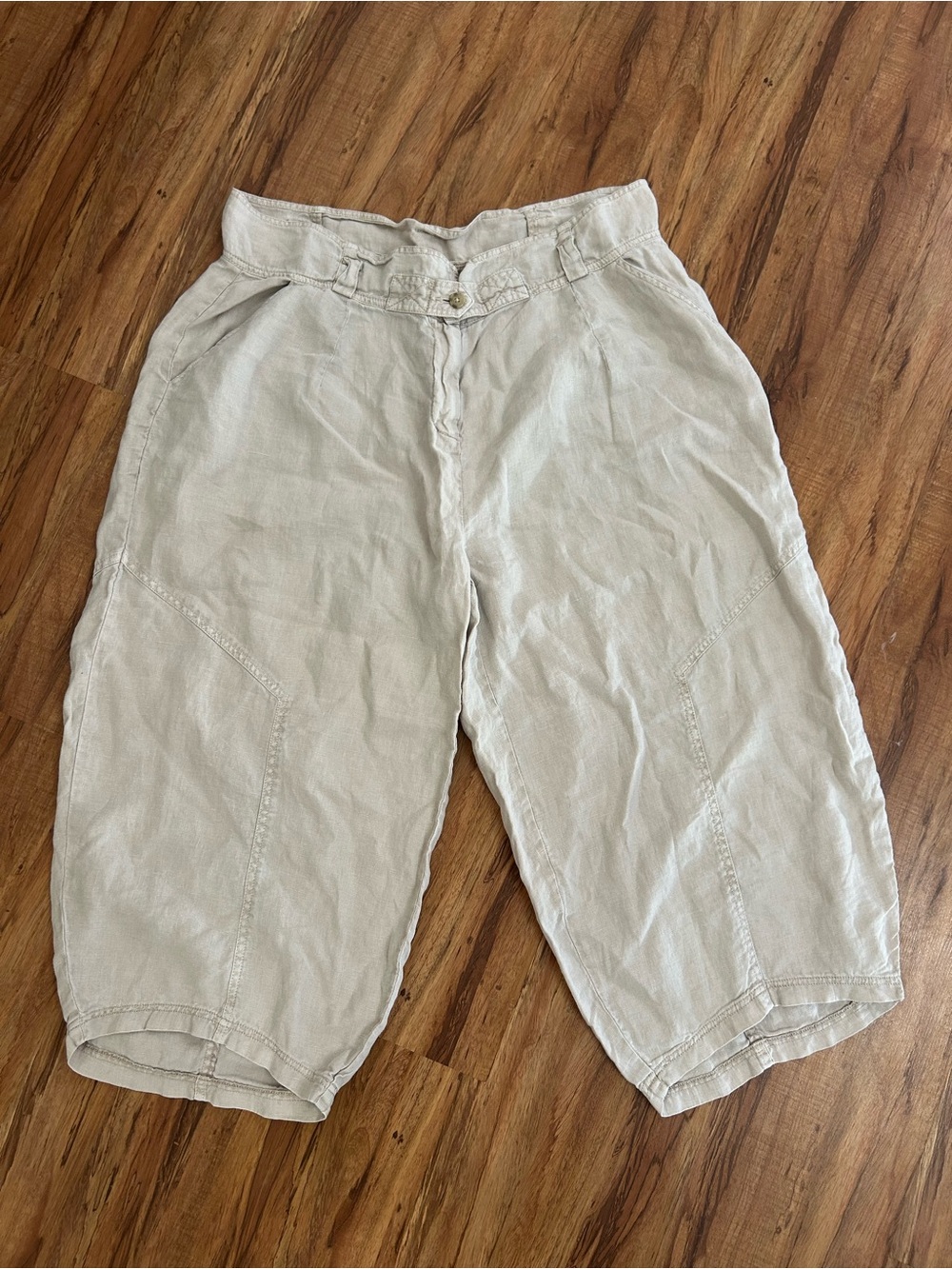 Poetry 100% Linen Oatmeal Barrel Relaxed Cropped Paperbag Pants Womens Size 16
